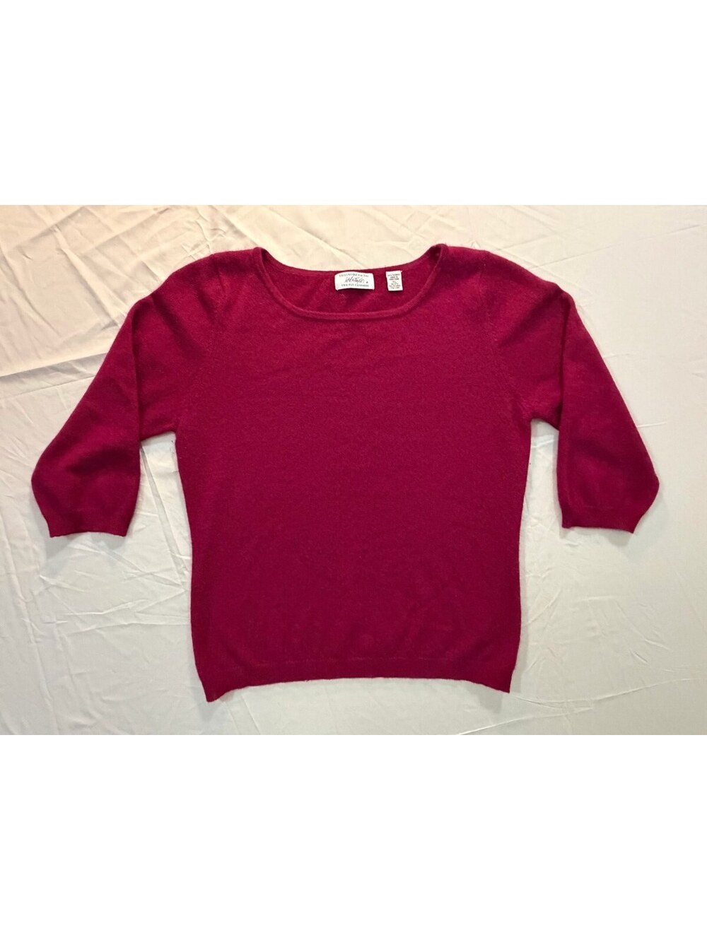 Vintage Lord & Taylor 2-Ply Cashmere Sweater Women XL Magenta 3/4 Sleeve